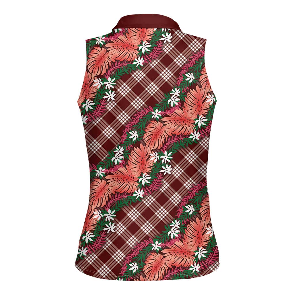 Polynesian Monstera Tiare Floral Women Sleeveless Polo Shirt Burgundy Tropical Plaid - Polynesian Pride