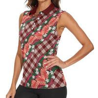 Polynesian Monstera Tiare Floral Women Sleeveless Polo Shirt Burgundy Tropical Plaid - Polynesian Pride