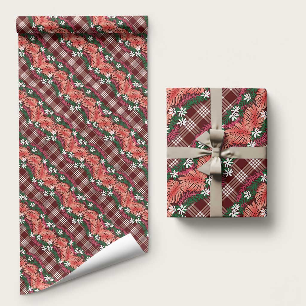 Polynesian Monstera Tiare Floral Wrapping Paper Burgundy Tropical Plaid - Polynesian Pride