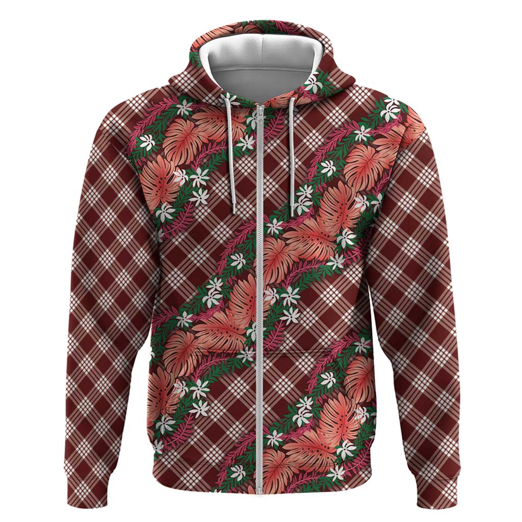 Polynesian Monstera Tiare Floral Zip Hoodie Burgundy Tropical Plaid - Polynesian Pride
