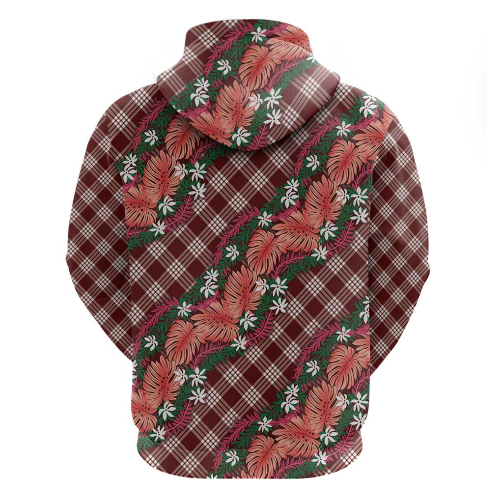 Polynesian Monstera Tiare Floral Zip Hoodie Burgundy Tropical Plaid - Polynesian Pride