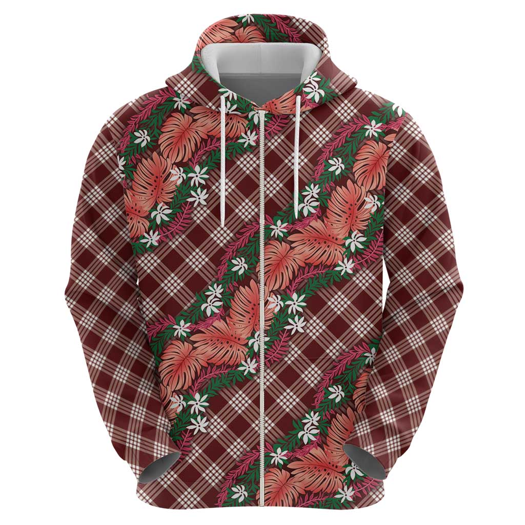 Polynesian Monstera Tiare Floral Zip Hoodie Burgundy Tropical Plaid - Polynesian Pride
