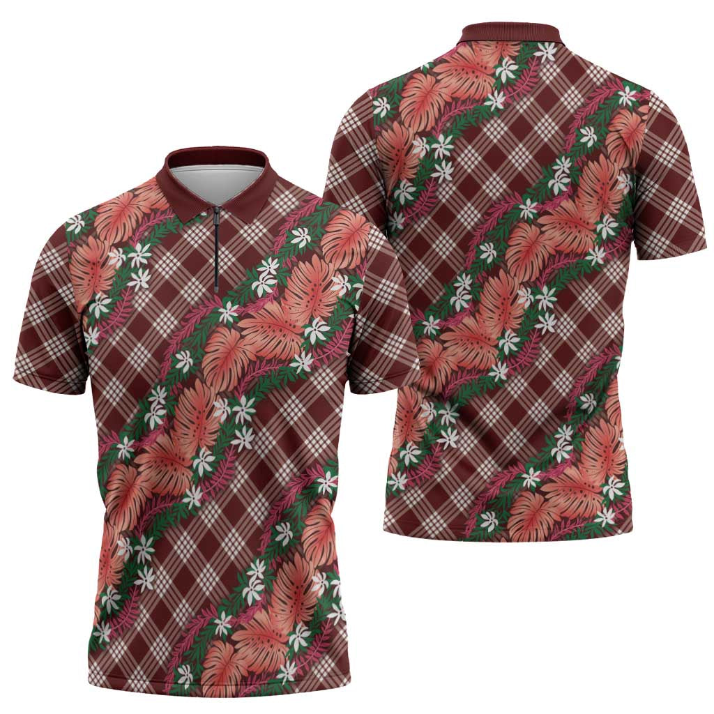 Polynesian Monstera Tiare Floral Zipper Polo Shirt Burgundy Tropical Plaid - Polynesian Pride