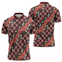Polynesian Monstera Tiare Floral Zipper Polo Shirt Burgundy Tropical Plaid - Polynesian Pride