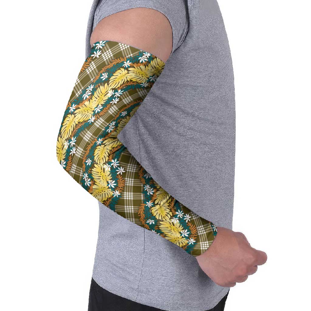 Polynesian Monstera Tiare Floral Arm Sleeves Yellow Tropical Plaid - Polynesian Pride