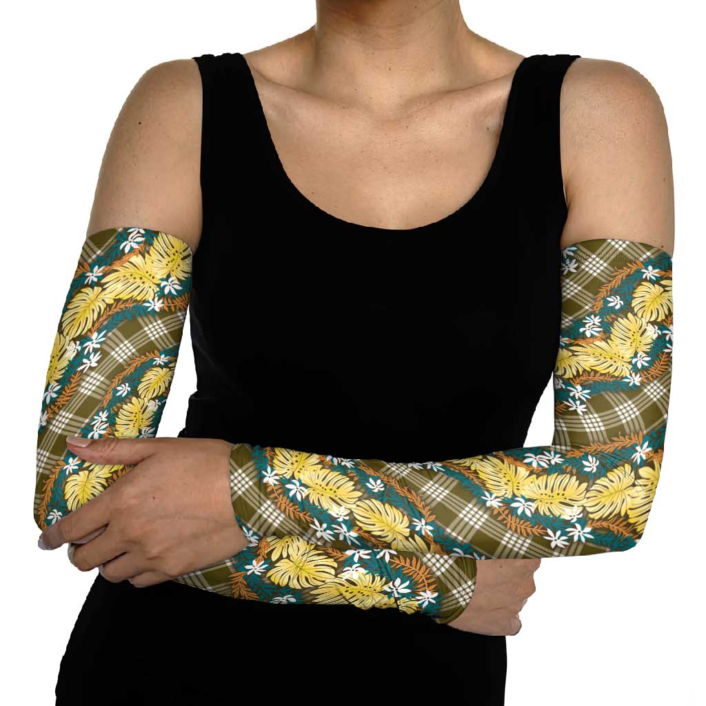Polynesian Monstera Tiare Floral Arm Sleeves Yellow Tropical Plaid - Polynesian Pride