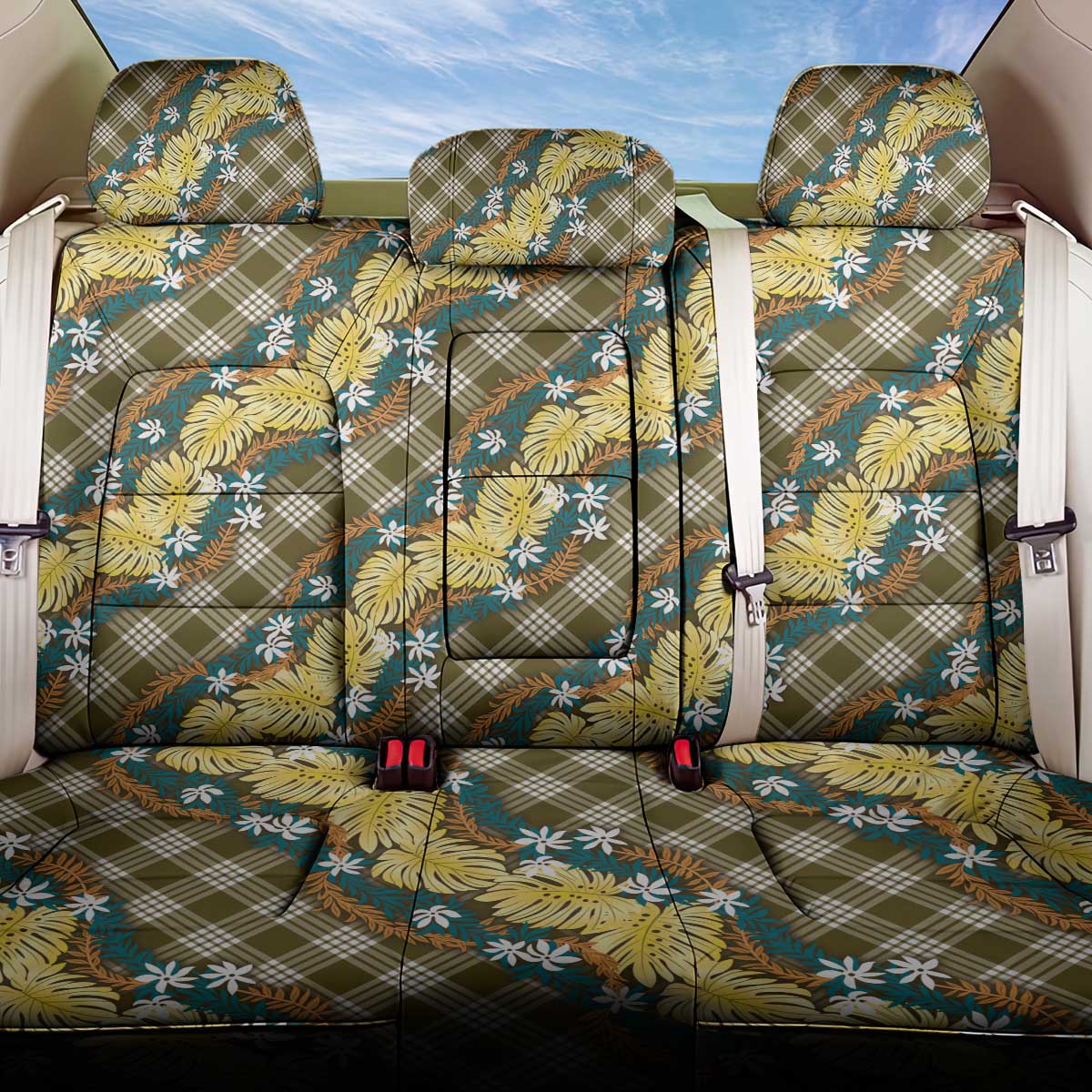 Polynesian Monstera Tiare Floral Back Car Seat Cover Yellow Tropical Plaid - Polynesian Pride