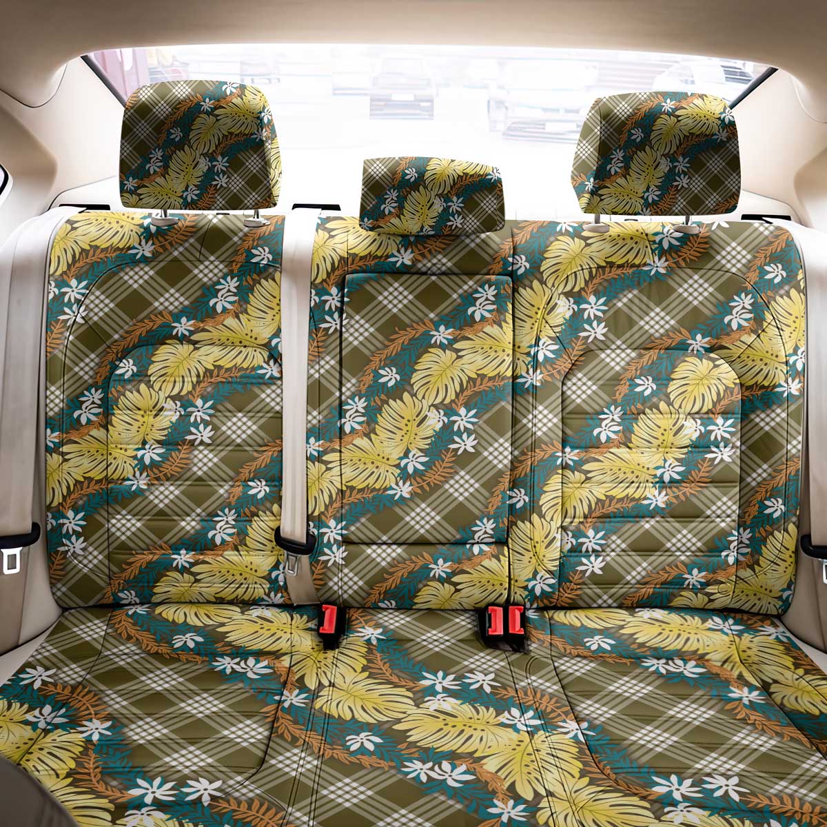 Polynesian Monstera Tiare Floral Back Car Seat Cover Yellow Tropical Plaid - Polynesian Pride