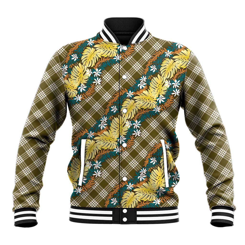 Polynesian Monstera Tiare Floral Baseball Jacket Yellow Tropical Plaid - Polynesian Pride