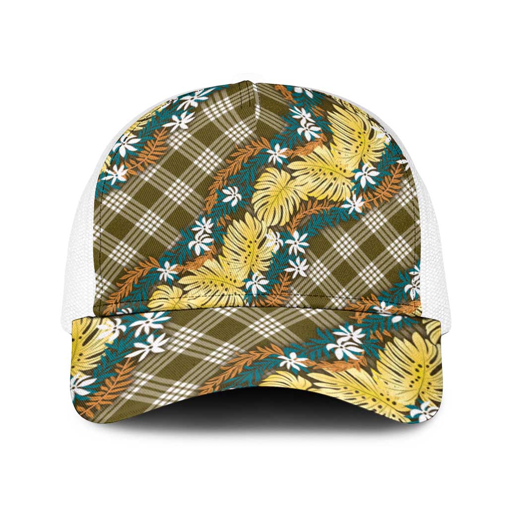 Polynesian Monstera Tiare Floral Baseball Net Cap Yellow Tropical Plaid - Polynesian Pride