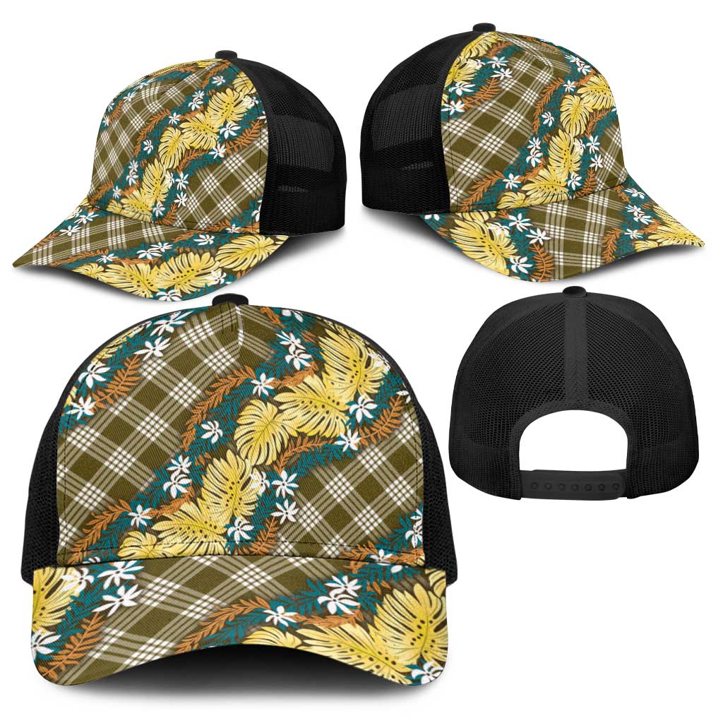 Polynesian Monstera Tiare Floral Baseball Net Cap Yellow Tropical Plaid - Polynesian Pride