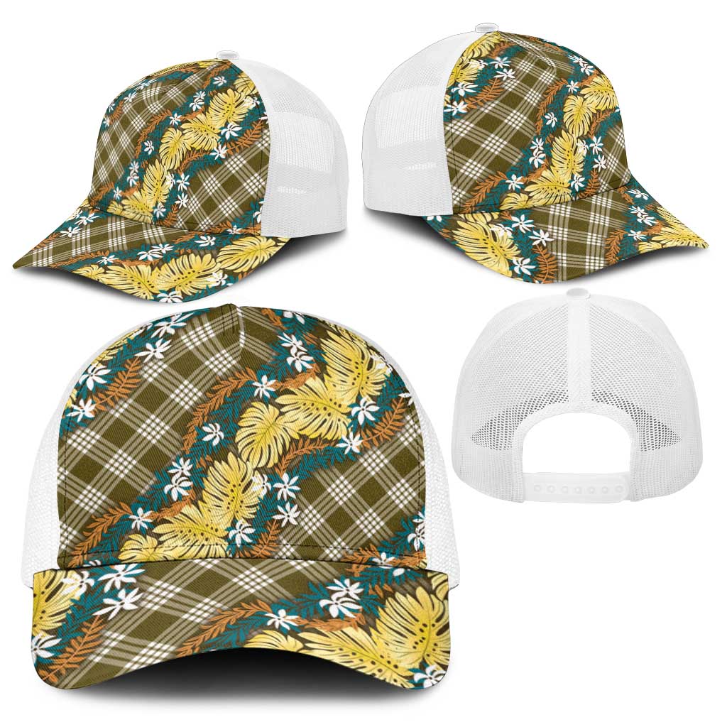 Polynesian Monstera Tiare Floral Baseball Net Cap Yellow Tropical Plaid - Polynesian Pride