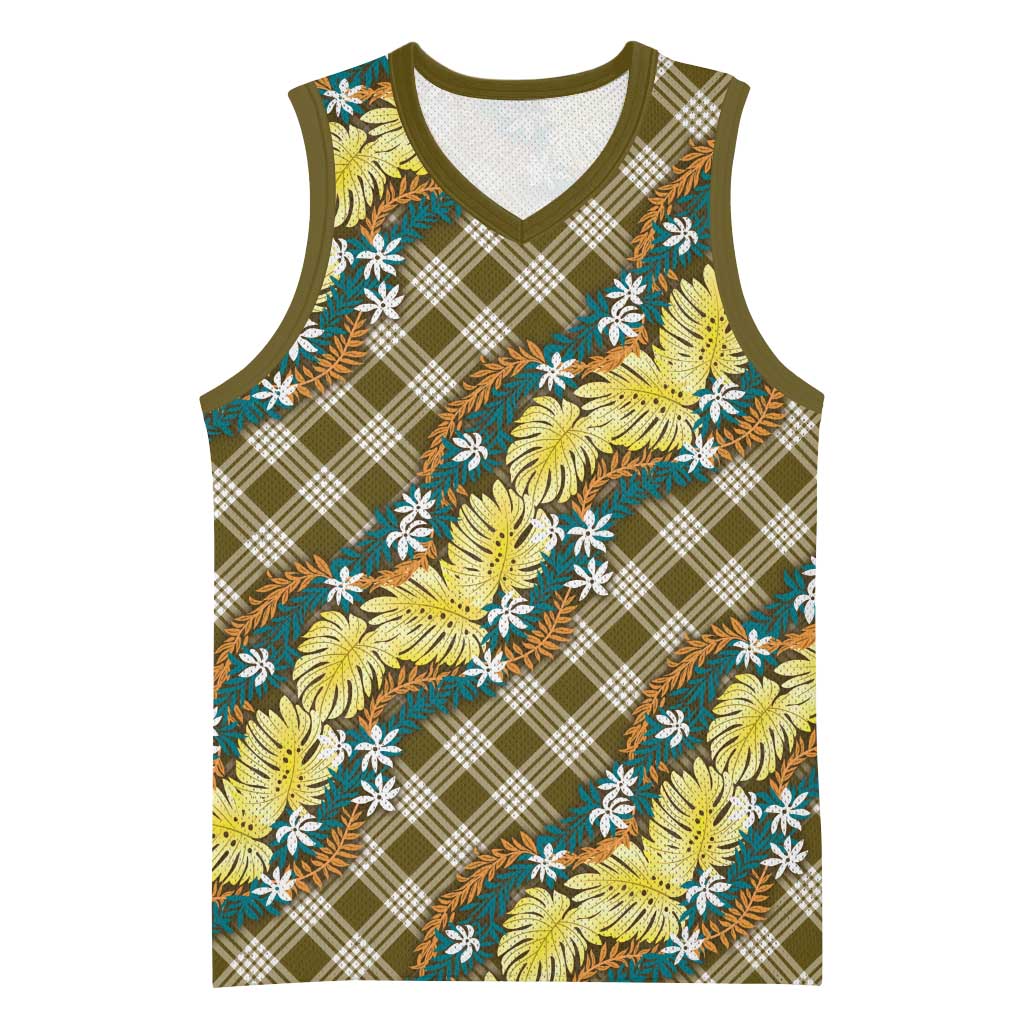 Polynesian Monstera Tiare Floral Basketball Jersey Yellow Tropical Plaid - Polynesian Pride