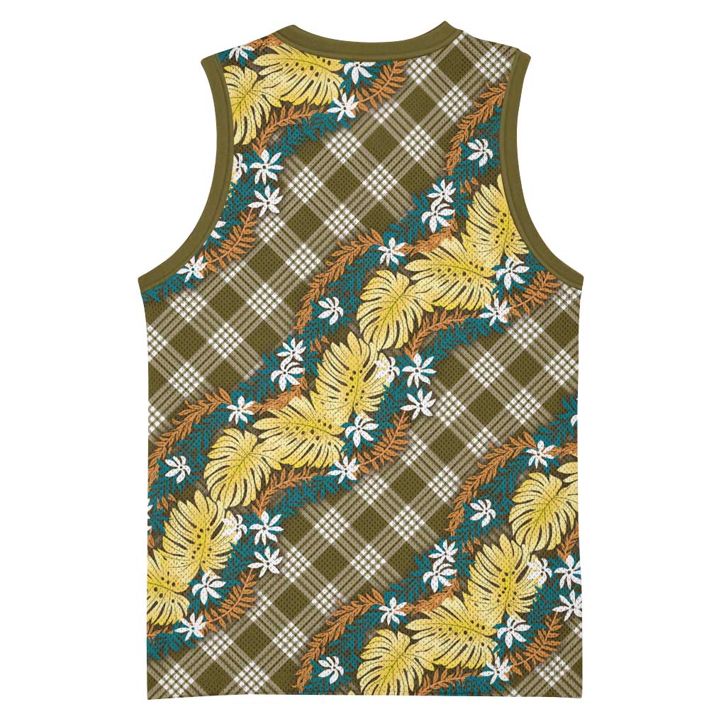 Polynesian Monstera Tiare Floral Basketball Jersey Yellow Tropical Plaid - Polynesian Pride