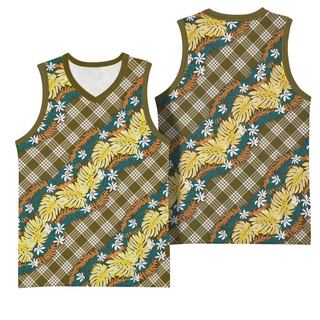 Polynesian Monstera Tiare Floral Basketball Jersey Yellow Tropical Plaid - Polynesian Pride