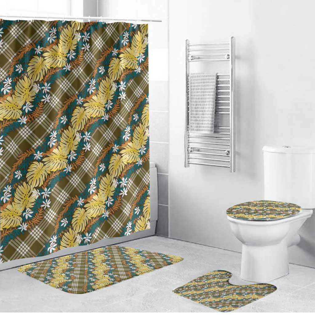Polynesian Monstera Tiare Floral Bathroom Set Yellow Tropical Plaid - Polynesian Pride