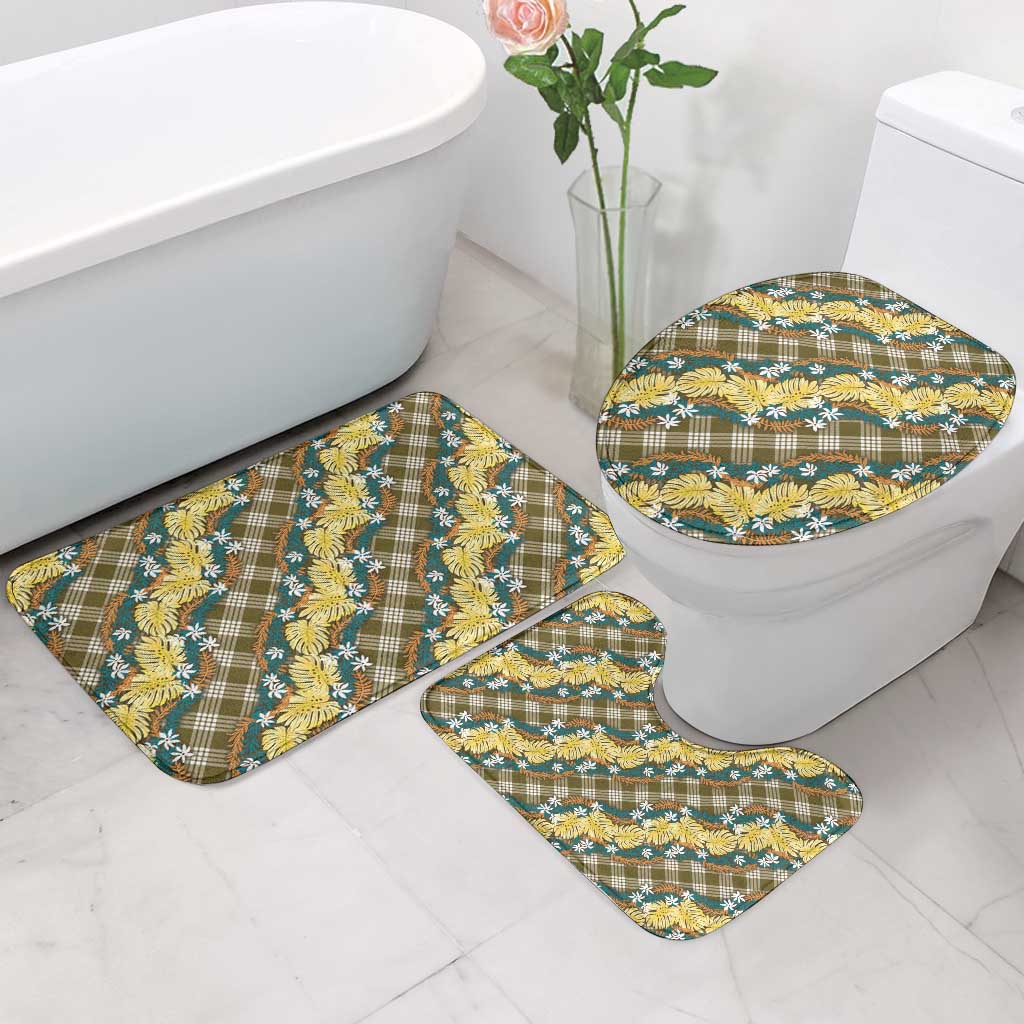 Polynesian Monstera Tiare Floral Bathroom Set Yellow Tropical Plaid - Polynesian Pride