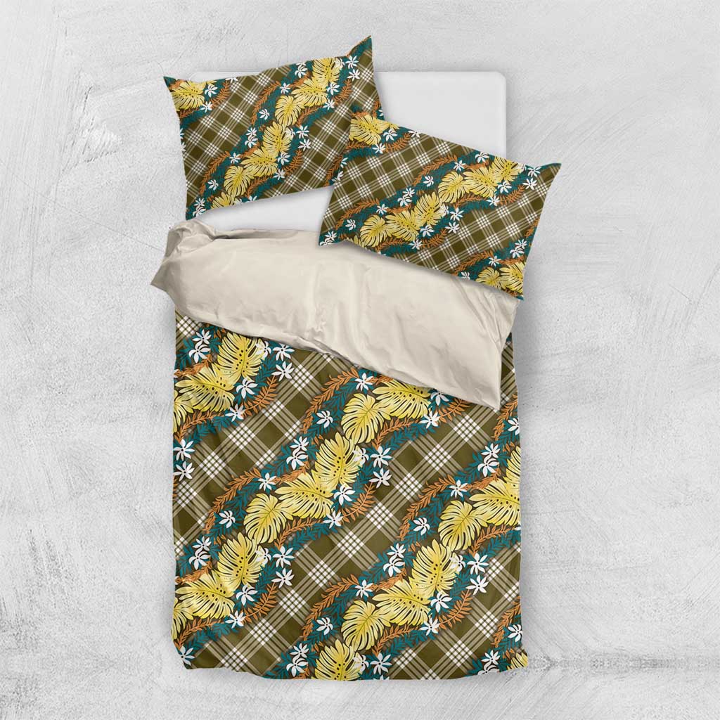 Polynesian Monstera Tiare Floral Bedding Set Yellow Tropical Plaid - Polynesian Pride