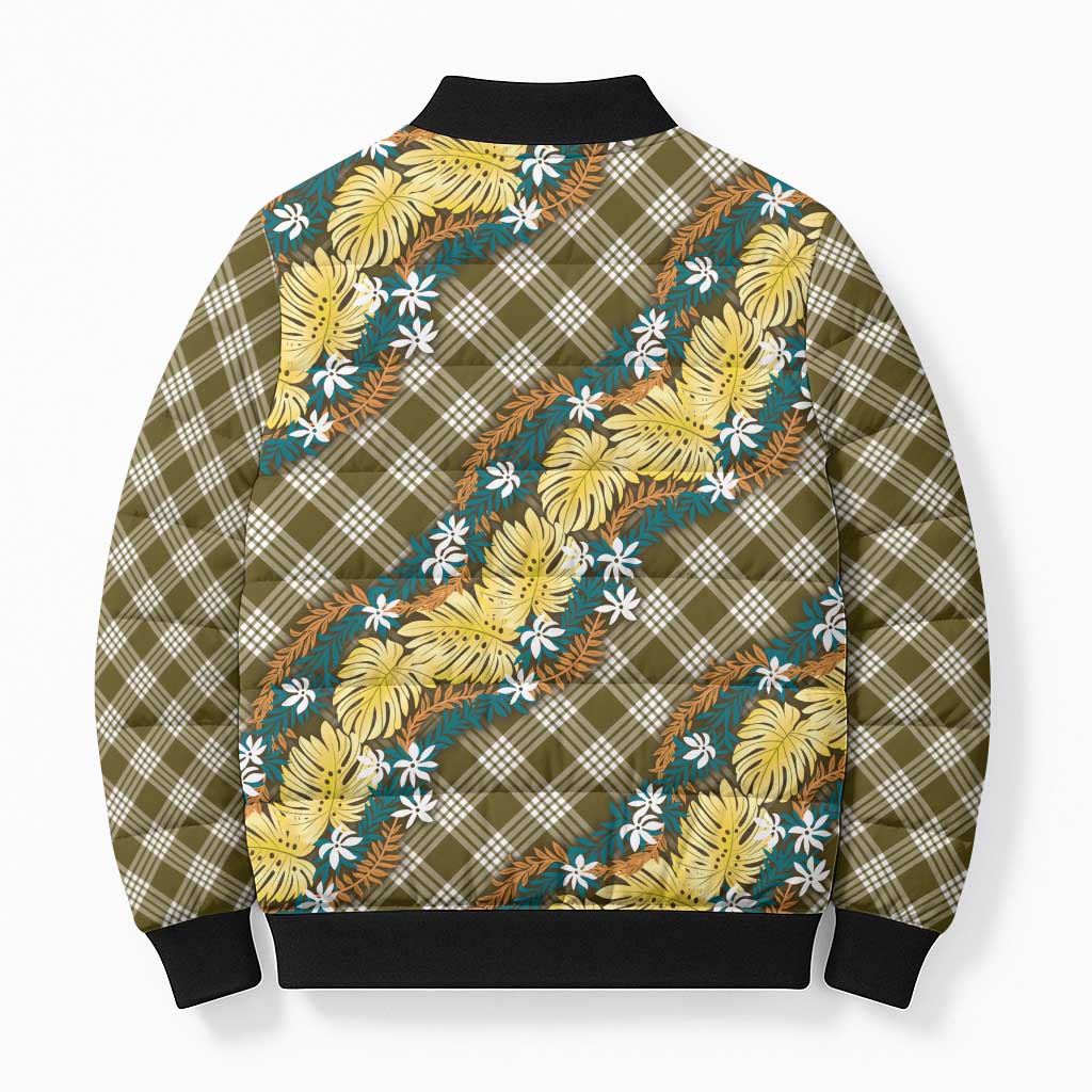 Polynesian Monstera Tiare Floral Bomber Puffer Jacket Yellow Tropical Plaid - Polynesian Pride