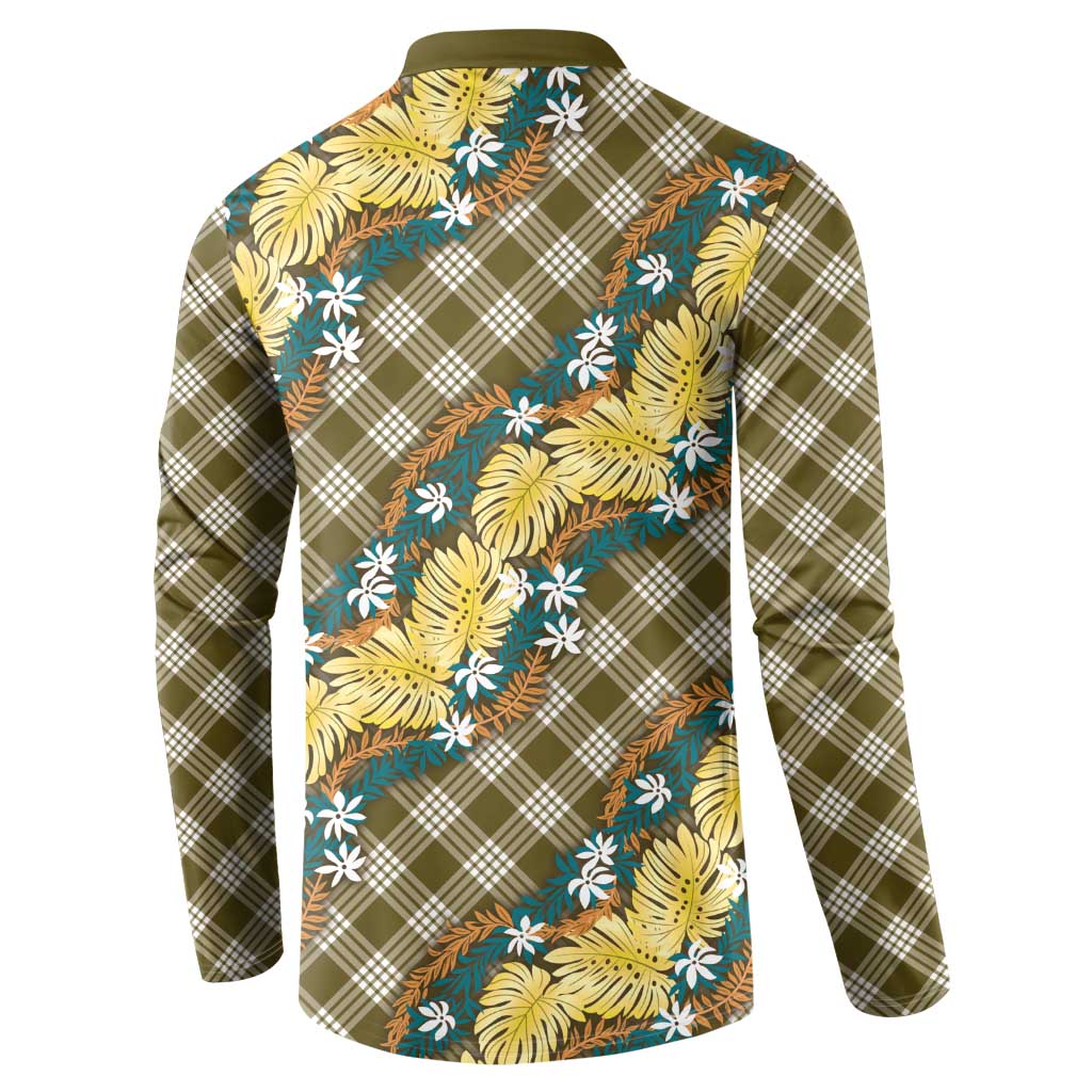 Polynesian Monstera Tiare Floral Button Sweatshirt Yellow Tropical Plaid - Polynesian Pride