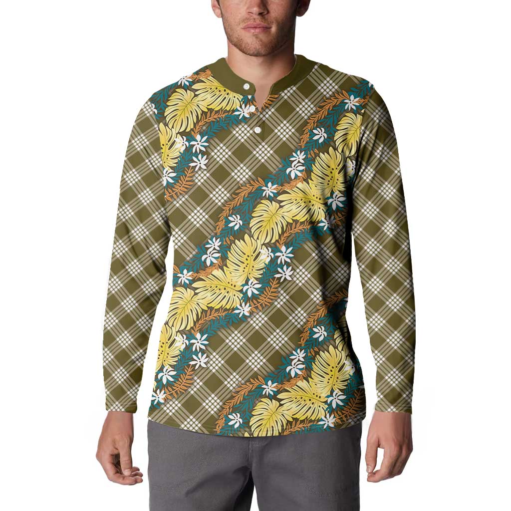 Polynesian Monstera Tiare Floral Button Sweatshirt Yellow Tropical Plaid - Polynesian Pride