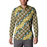 Polynesian Monstera Tiare Floral Button Sweatshirt Yellow Tropical Plaid - Polynesian Pride