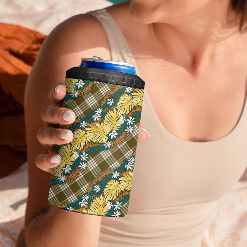 Polynesian Monstera Tiare Floral 4 in 1 Can Cooler Tumbler Yellow Tropical Plaid - Polynesian Pride