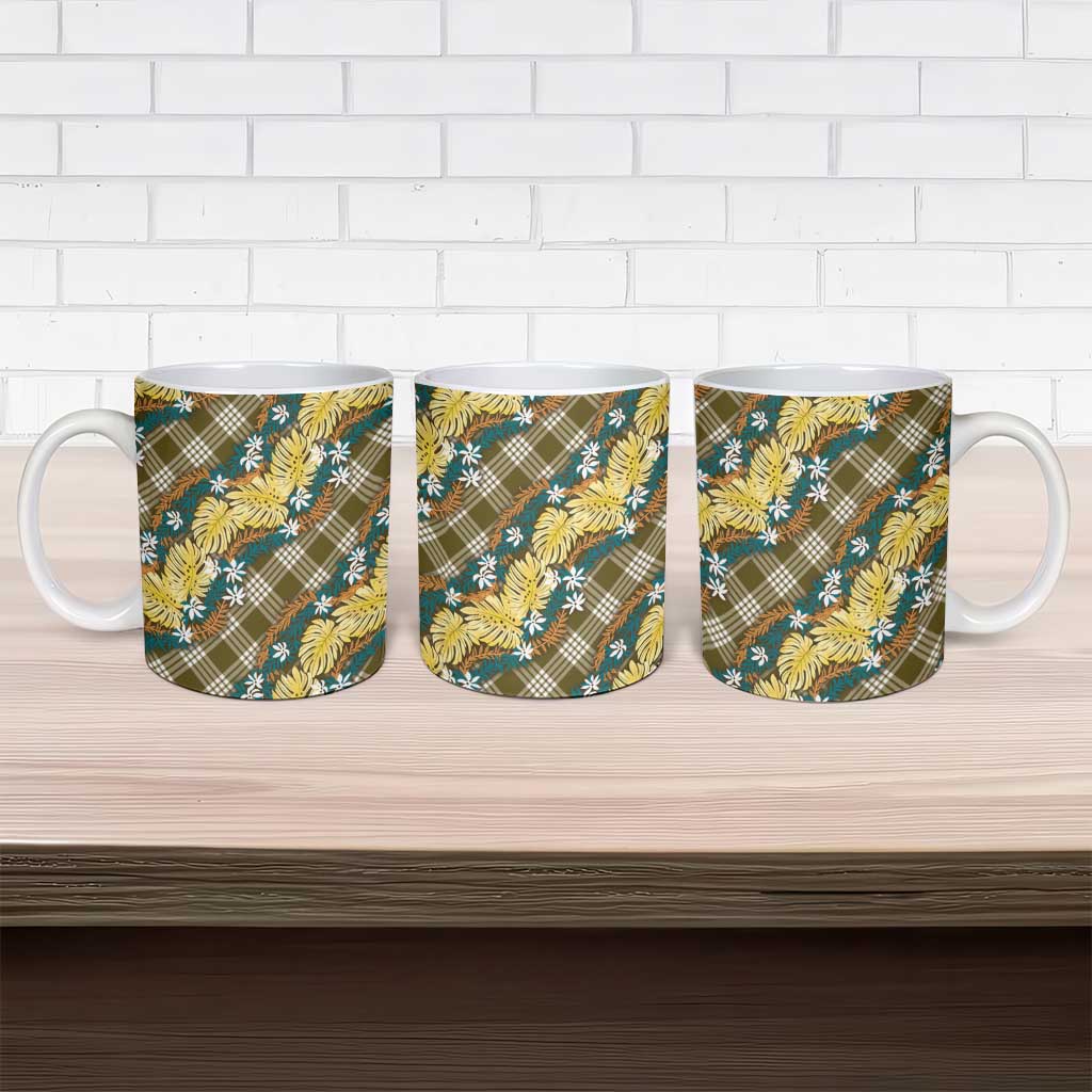 Polynesian Monstera Tiare Floral Ceramic Mug Yellow Tropical Plaid - Polynesian Pride
