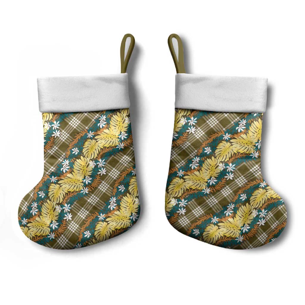 Polynesian Monstera Tiare Floral Christmas Stocking Yellow Tropical Plaid - Polynesian Pride