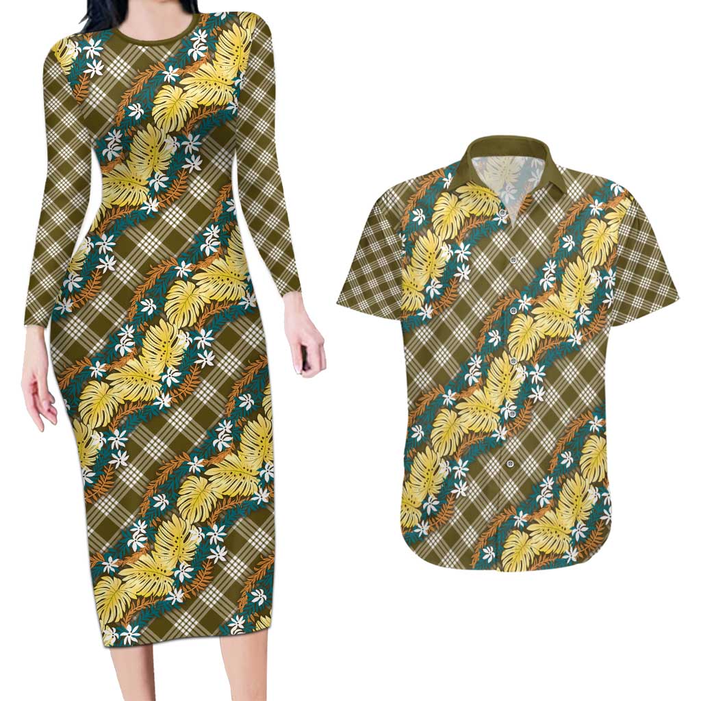 Polynesian Monstera Tiare Floral Couples Matching Long Sleeve Bodycon Dress and Hawaiian Shirt Yellow Tropical Plaid - Polynesian Pride