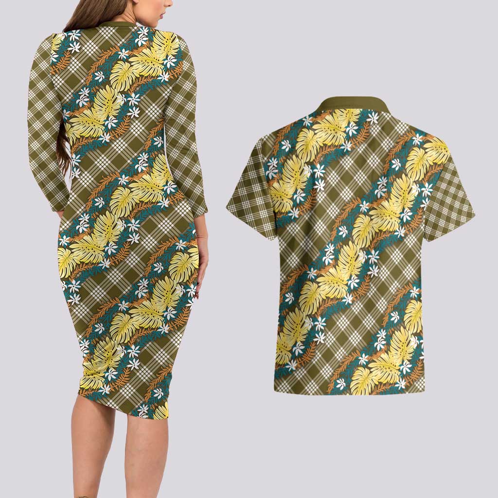 Polynesian Monstera Tiare Floral Couples Matching Long Sleeve Bodycon Dress and Hawaiian Shirt Yellow Tropical Plaid - Polynesian Pride
