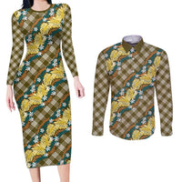Polynesian Monstera Tiare Floral Couples Matching Long Sleeve Bodycon Dress and Long Sleeve Button Shirt Yellow Tropical Plaid - Polynesian Pride