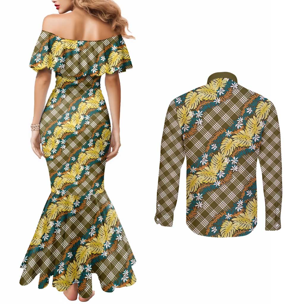 Polynesian Monstera Tiare Floral Couples Matching Mermaid Dress and Long Sleeve Button Shirt Yellow Tropical Plaid - Polynesian Pride