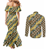 Polynesian Monstera Tiare Floral Couples Matching Mermaid Dress and Long Sleeve Button Shirt Yellow Tropical Plaid - Polynesian Pride