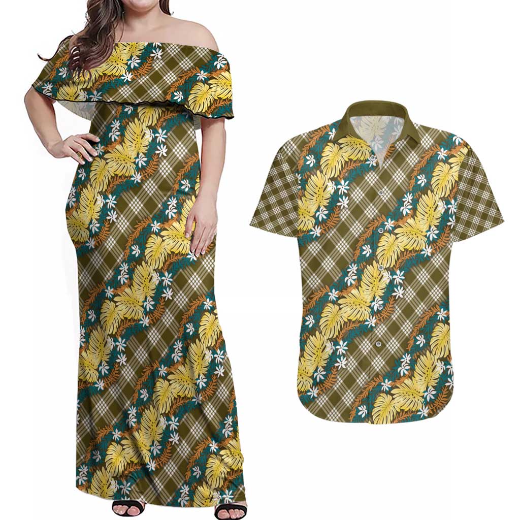 Polynesian Monstera Tiare Floral Couples Matching Off Shoulder Maxi Dress and Hawaiian Shirt Yellow Tropical Plaid - Polynesian Pride