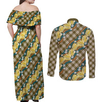 Polynesian Monstera Tiare Floral Couples Matching Off Shoulder Maxi Dress and Long Sleeve Button Shirt Yellow Tropical Plaid - Polynesian Pride