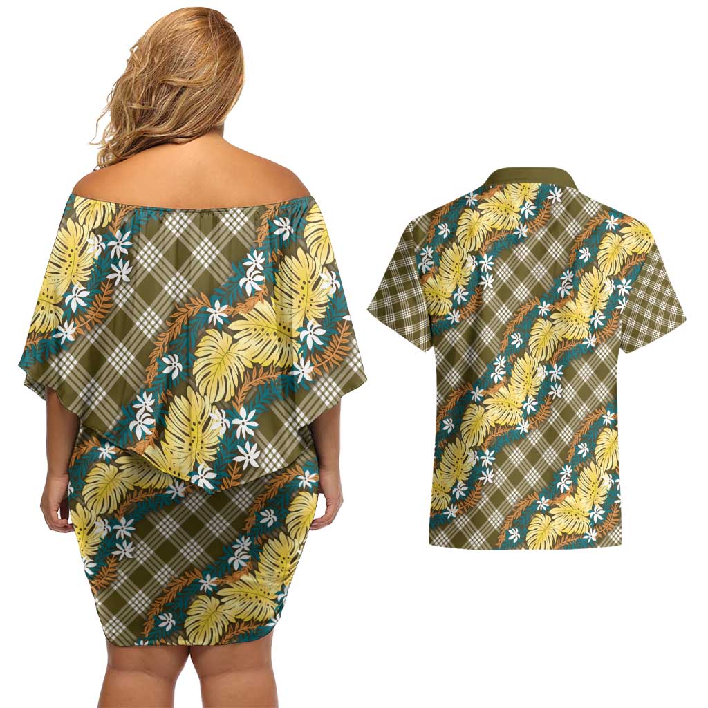 Polynesian Monstera Tiare Floral Couples Matching Off Shoulder Short Dress and Hawaiian Shirt Yellow Tropical Plaid - Polynesian Pride
