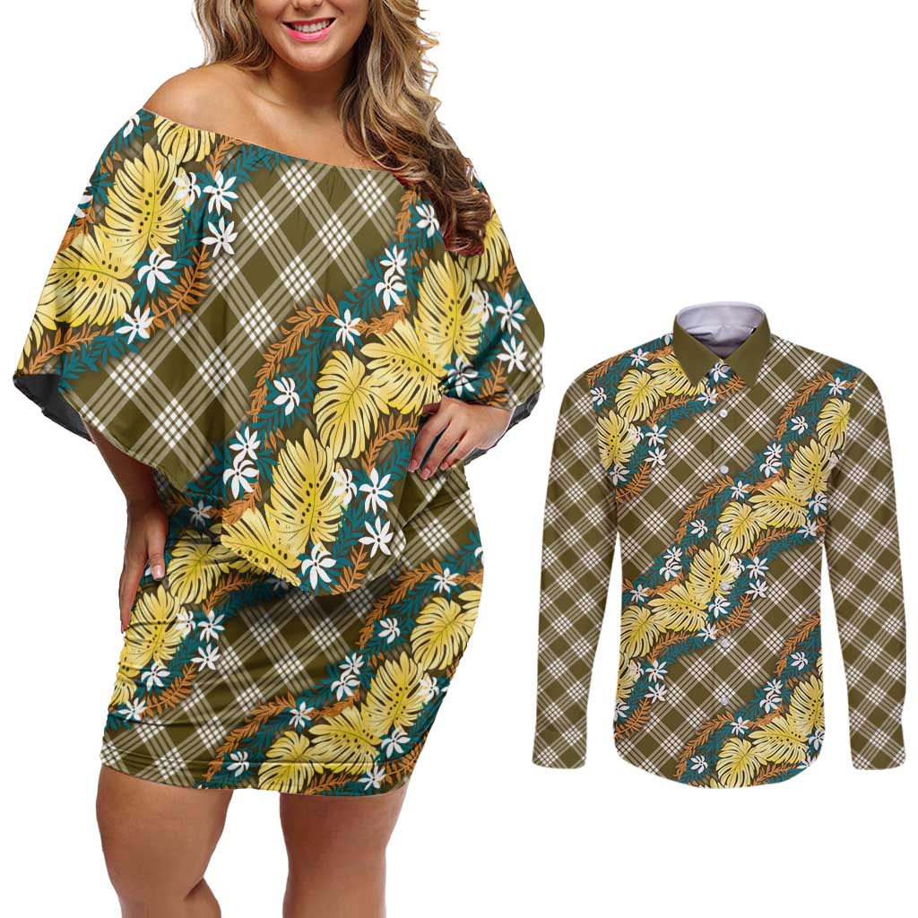 Polynesian Monstera Tiare Floral Couples Matching Off Shoulder Short Dress and Long Sleeve Button Shirt Yellow Tropical Plaid - Polynesian Pride