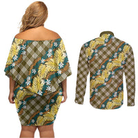 Polynesian Monstera Tiare Floral Couples Matching Off Shoulder Short Dress and Long Sleeve Button Shirt Yellow Tropical Plaid - Polynesian Pride