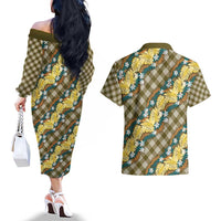 Polynesian Monstera Tiare Floral Couples Matching Off The Shoulder Long Sleeve Dress and Hawaiian Shirt Yellow Tropical Plaid - Polynesian Pride