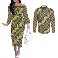 Polynesian Monstera Tiare Floral Couples Matching Off The Shoulder Long Sleeve Dress and Long Sleeve Button Shirt Yellow Tropical Plaid - Polynesian Pride