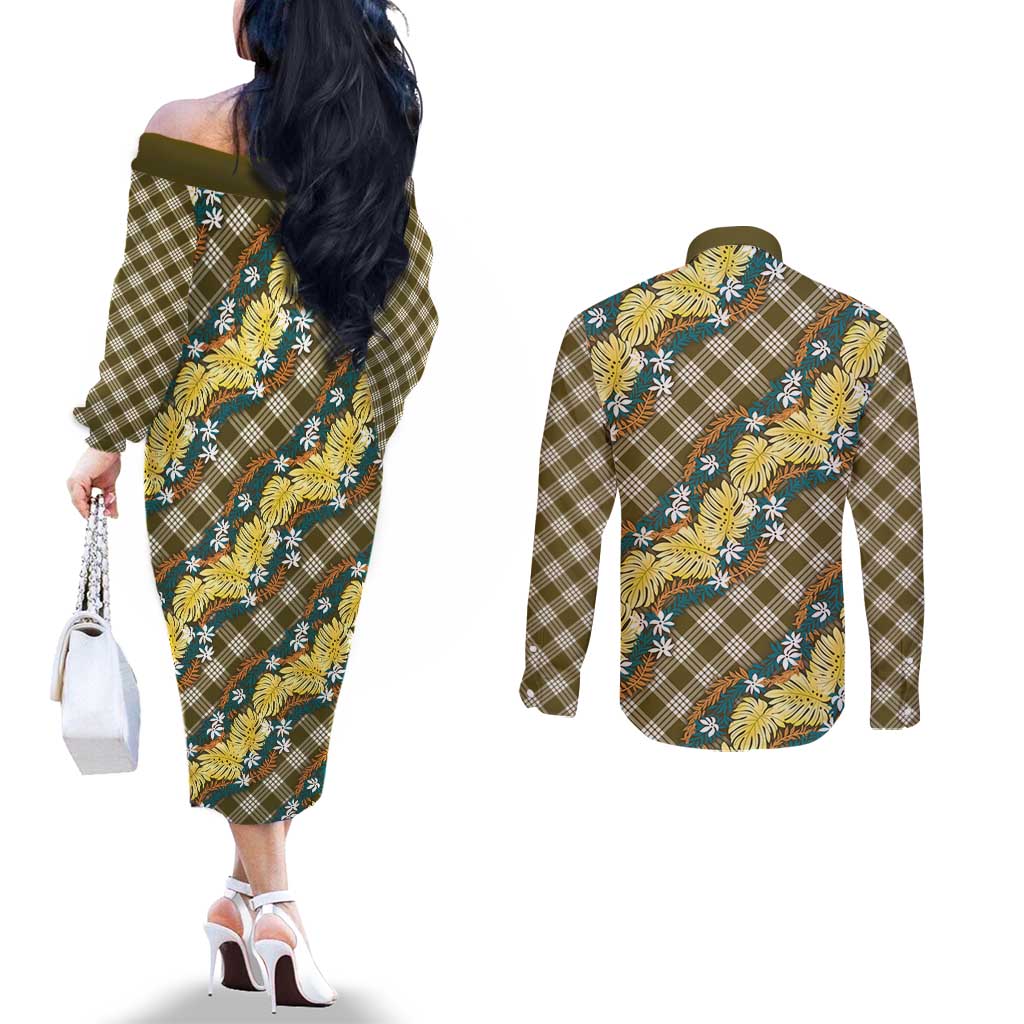 Polynesian Monstera Tiare Floral Couples Matching Off The Shoulder Long Sleeve Dress and Long Sleeve Button Shirt Yellow Tropical Plaid - Polynesian Pride