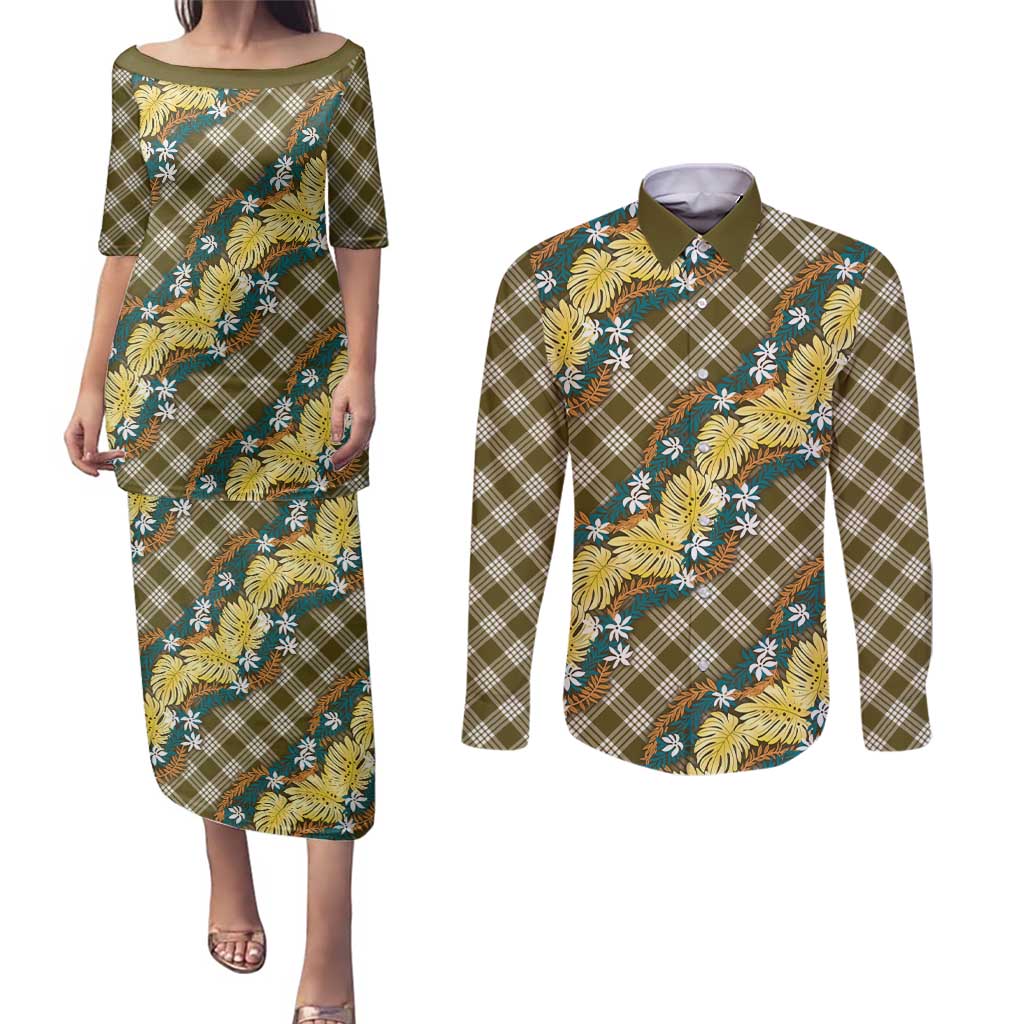Polynesian Monstera Tiare Floral Couples Matching Puletasi and Long Sleeve Button Shirt Yellow Tropical Plaid - Polynesian Pride