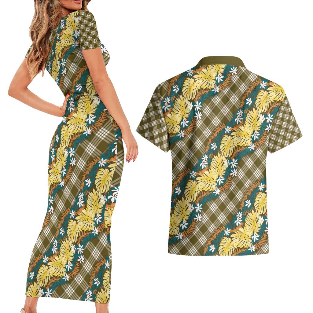 Polynesian Monstera Tiare Floral Couples Matching Short Sleeve Bodycon Dress and Hawaiian Shirt Yellow Tropical Plaid - Polynesian Pride