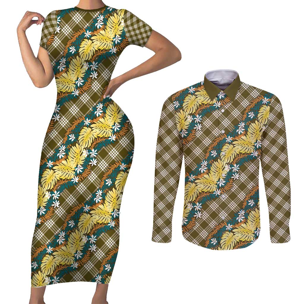 Polynesian Monstera Tiare Floral Couples Matching Short Sleeve Bodycon Dress and Long Sleeve Button Shirt Yellow Tropical Plaid - Polynesian Pride