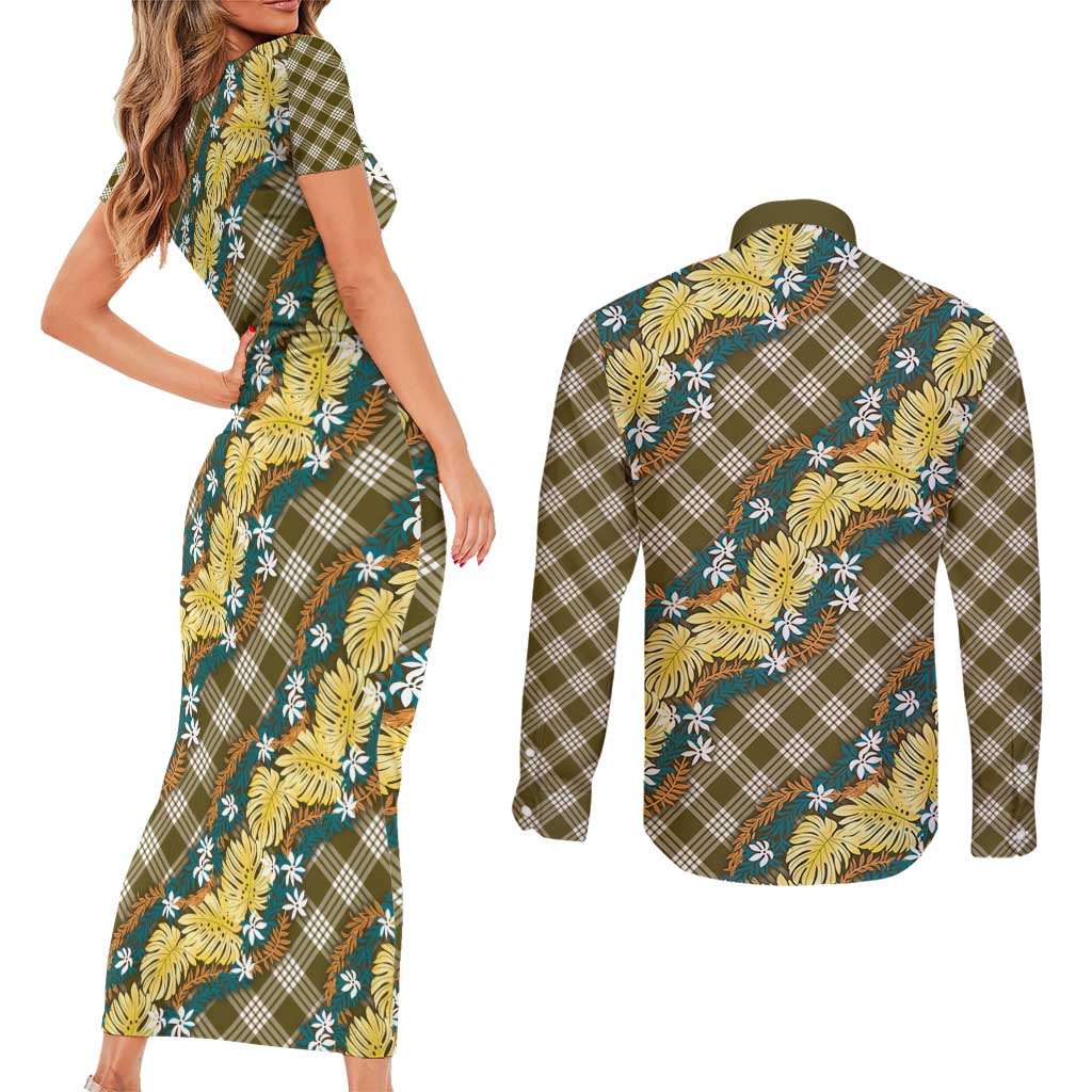 Polynesian Monstera Tiare Floral Couples Matching Short Sleeve Bodycon Dress and Long Sleeve Button Shirt Yellow Tropical Plaid - Polynesian Pride