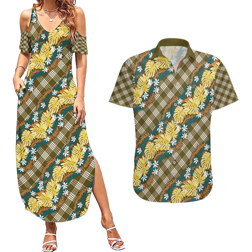 Polynesian Monstera Tiare Floral Couples Matching Summer Maxi Dress and Hawaiian Shirt Yellow Tropical Plaid - Polynesian Pride