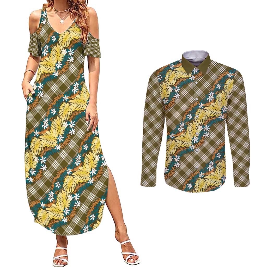 Polynesian Monstera Tiare Floral Couples Matching Summer Maxi Dress and Long Sleeve Button Shirt Yellow Tropical Plaid - Polynesian Pride