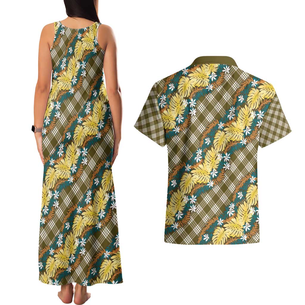 Polynesian Monstera Tiare Floral Couples Matching Tank Maxi Dress and Hawaiian Shirt Yellow Tropical Plaid - Polynesian Pride