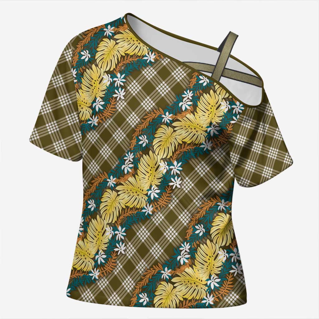 Polynesian Monstera Tiare Floral Cross Shoulder Shirt Yellow Tropical Plaid - Polynesian Pride